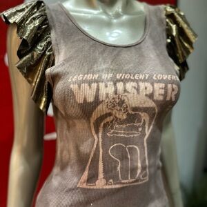 LEGION OF VIOLENT LOVERS distressed WHISPER retro graffiti gold ruffle tank L